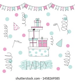 Cartoon drawing with present boxes pink and blue colors.  Baby shower  party to determine the  of the child boy or girl.