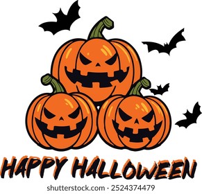 a cartoon drawing of pumpkins with bats on them