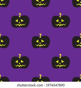 Cartoon drawing pumpkins on violet background for happy halloween party. Seamless pattern. Vector illustration.