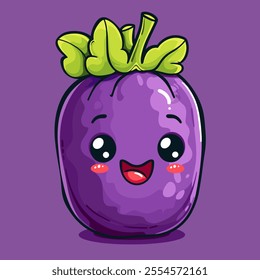 Cartoon drawing of a purple fruit with a green stem and leaves. The fruit is smiling and he is happy