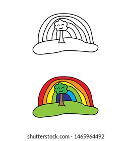 cartoon drawing of a rainbow and a tree