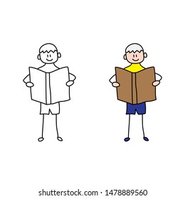 cartoon drawing of a reading senior man