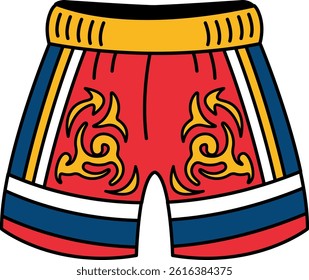 A cartoon drawing of a red and blue pair of shorts with a yellow stripe. The shorts are adorned with flames and have a tribal design