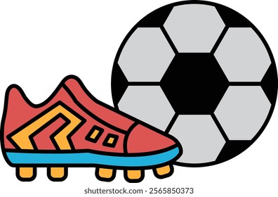 A cartoon drawing of a red and blue soccer shoe next to a soccer ball. The shoe is on the left side of the ball and the ball is on the right side