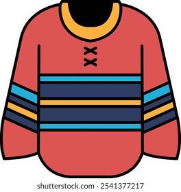 A cartoon drawing of a red and blue striped hockey jersey. The jersey is drawn in a stylized way, with the stripes and the collar drawn in a way that makes it look like a real jersey