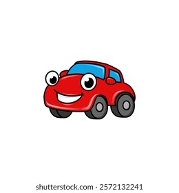 A cartoon drawing of a red car with a big smile, big eyes, and black wheels.