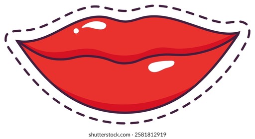 Cartoon drawing of red glossy lips with dashed line following the contour representing a sticker, isolated vector illustration on white background