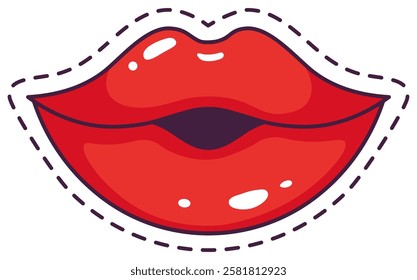 Cartoon drawing of red glossy lips with a slightly open mouth, expressing a kiss or romantic gesture, surrounded by a dashed cut out line on a plain white background