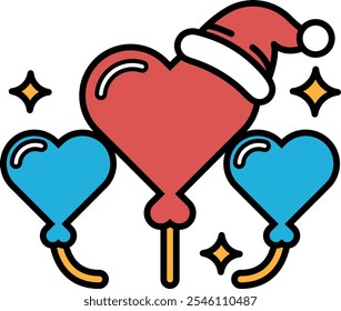 A cartoon drawing of a red heart with a blue balloon and a red hat on top. The heart is surrounded by two blue balloons