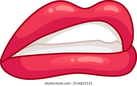 Cartoon drawing of red lips slightly open, showing white teeth, expressing biting or slight tension