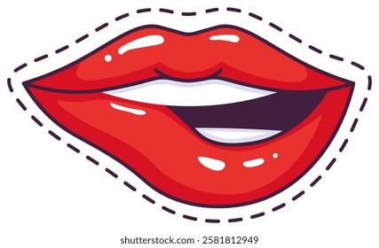 Cartoon drawing of red lips slightly open, biting lower lip with teeth slightly showing, surrounded by a dotted line, isolated on white background