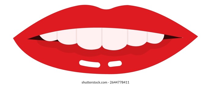 Dibujo de dibujos animados de labios rojos ligeramente abiertos que muestran dientes mordiendo el labio inferior en una expresión sugestiva, Ilustración vectorial aislada sobre fondo blanco