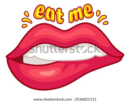 Cartoon drawing of red lips slightly open, biting the lower lip and whispering eat me in a seductive way