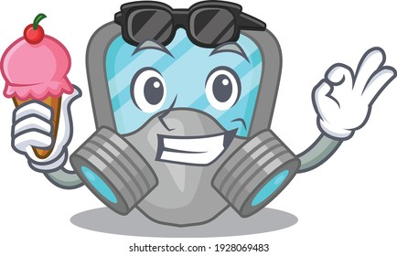 A cartoon drawing of respirator mask holding cone ice cream