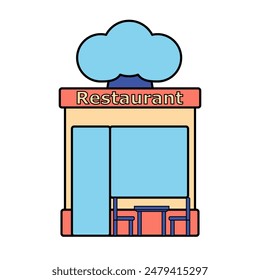 A cartoon drawing of a restaurant building with a blue and white sign that says Restaurant