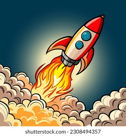 Cartoon drawing of a rocket with flame and smoke from the nozzle.