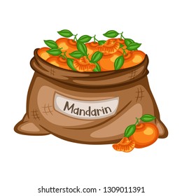 Cartoon Drawing of a Sack with Mandarin  Isolated on White Background. Fruits in a Big Brown Bag Vector Illustration