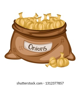 Cartoon Drawing of a Sack with Vidalia Onion   Isolated on White Background. Vegetables in a Big Brown Bag Vector Illustration