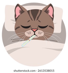 Cartoon drawing of a sad sick cat wrapped in a blanket with a thermometer, veterinary care concept. Animal welfare campaign design element