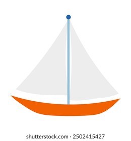 A cartoon drawing of a sailboat with a blue pole. The boat is orange and white