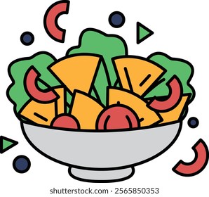 A cartoon drawing of a salad bowl filled with various vegetables and fruits. The bowl is white and has a red border. The vegetables include tomatoes, lettuce, and carrots