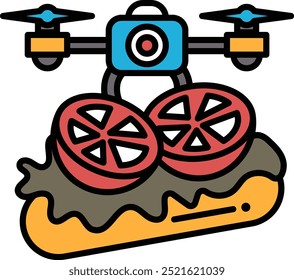A cartoon drawing of a sandwich with a drone in the background. The sandwich is topped with tomatoes and has a brown bun. The drone is flying above the sandwich