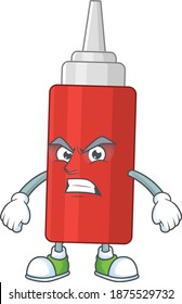 cartoon drawing of sauce bottle showing angry face. Vector illustration