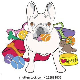 Cartoon drawing of a seated French Bulldog with tennis ball in mouth surrounded by toys, beds, and bowl.