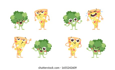 Cartoon drawing set of emoji. Hand drawn emotional meal.Actual Vector illustration pizza and broccoli. Creative ink art work food