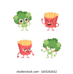 Cartoon drawing set of emoji. Hand drawn emotional meal.Actual Vector illustration broccoli and French fries. Creative ink art work fast food