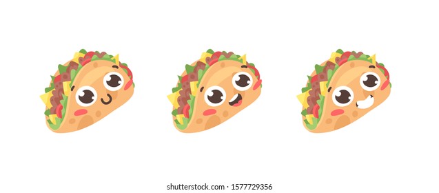 Cartoon drawing set of fast food emoji. Hand drawn emotional meal.Actual Vector illustration american cuisine. Creative ink art work mexican tacos