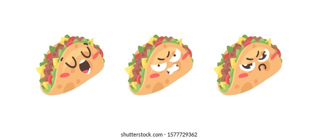 Cartoon drawing set of fast food emoji. Hand drawn emotional meal.Actual Vector illustration american cuisine. Creative ink art work mexican tacos