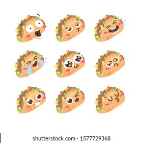 Cartoon drawing set of fast food emoji. Hand drawn emotional meal.Actual Vector illustration american cuisine. Creative ink art work mexican tacos