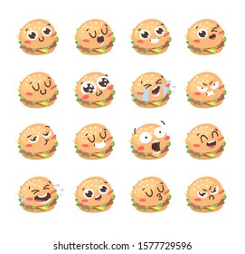 Cartoon drawing set of fast food emoji. Hand drawn emotional meal.Actual Vector illustration american cuisine. Creative ink art work burger