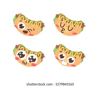 Cartoon drawing set of fast food emoji. Hand drawn emotional meal.Actual Vector illustration american cuisine. Creative ink art work hot dog