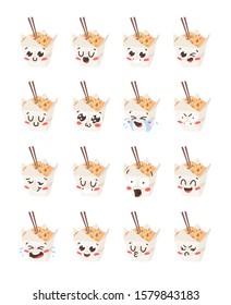 Cartoon drawing set of fast food emoji. Hand drawn emotional meal.Actual Vector illustration chinese cuisine. Creative ink art work chinese wok in box