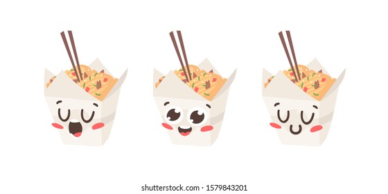 Cartoon drawing set of fast food emoji. Hand drawn emotional meal.Actual Vector illustration chinese cuisine. Creative ink art work chinese wok in box