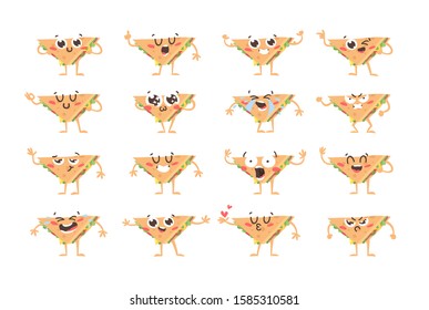Cartoon drawing set of fast food emoji. Hand drawn emotional meal.Actual Vector illustration american cuisine. Creative ink art work sandwich