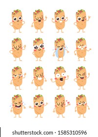 Cartoon drawing set of fast food emoji. Hand drawn emotional meal.Actual Vector illustration mexican cuisine. Creative ink art work  burrito