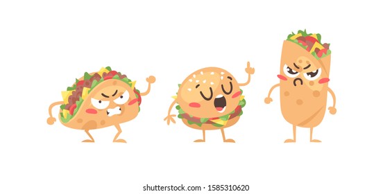 Cartoon drawing set of fast food emoji. Hand drawn emotional meal.Actual Vector illustration mexican cuisine. Creative ink art work  burrito, burger and tacos