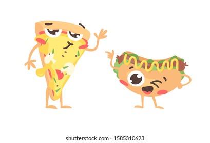 Cartoon drawing set of fast food emoji. Hand drawn emotional meal.Actual Vector illustration american and italian cuisine. Creative ink art work pizza and hot dog