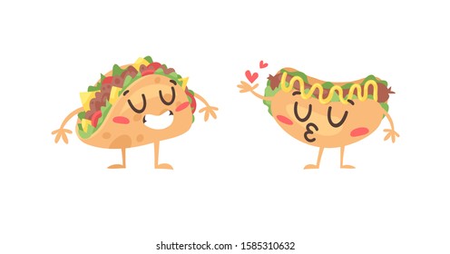 Cartoon drawing set of fast food emoji. Hand drawn emotional meal.Actual Vector illustration american and mexican cuisine. Creative ink art work tacos and hot dog