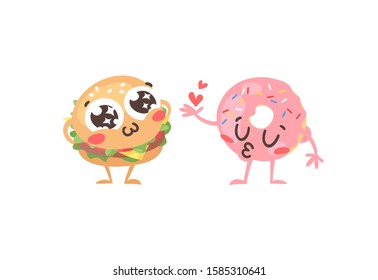 Cartoon drawing set of fast food emoji. Hand drawn emotional meal.Actual Vector illustration american cuisine. Creative ink art work burger and donut