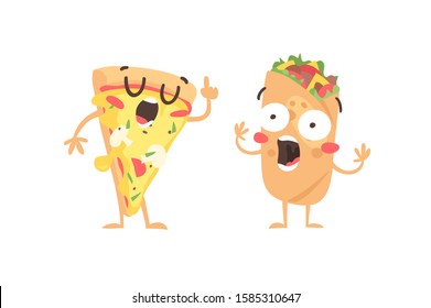 Cartoon drawing set of fast food emoji. Hand drawn emotional meal.Actual Vector illustration mexican and italian cuisine. Creative ink art work pizza and  burrito