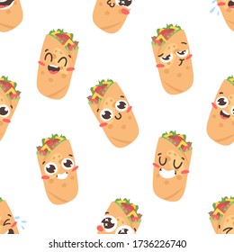 Cartoon drawing set of fast food emoji. Hand drawn emotional meal.Actual Vector illustration mexican cuisine. Creative ink art work  burrito