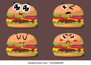 Cartoon drawing set of fast food emoji. Beef Burger icon with kawaii eyes. Vector Fast food illustration flat icon juicy delicious hamburger isolated. Hand drawn emotional meal 