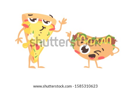 Cartoon drawing set of fast food emoji. Hand drawn emotional meal.Actual Vector illustration american and italian cuisine. Creative ink art work pizza and hot dog