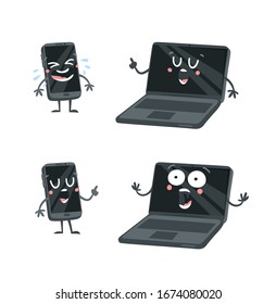 Cartoon drawing set of gadget  emoji. Hand drawn emotional phone and computer.Actual Vector illustration character. Creative ink art work