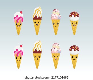 Cartoon drawing set of ice cream emoji with kawaii eyes. Melting ice cream balls in waffle cone isolated. Vector flat outline icon. Comic character in cartoon style illustration for t-shirt design