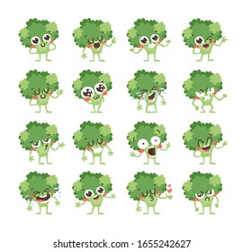 Cartoon drawing set of veggie emoji. Hand drawn emotional meal.Actual Vector illustration abroccoli. Creative ink art work food